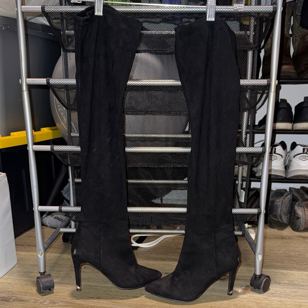 Thigh high faux suede stiletto boots